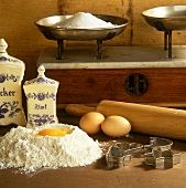Old style baking still life (baking ingredients, cutters)