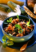 Lentil stew with cauliflower, courgettes, olives and mint