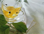 Abgekochtes Wasser mit Zitronenschale und Wacholderbeeren