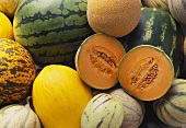Various melons, filling the picture, one halved