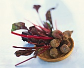 Einige Rote-Bete-Knollen mit Blättern auf Teller