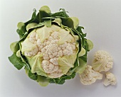 A cauliflower and a few pieces of cauliflower