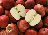Viele Äpfel der Sorte Stark Delicious, einer halbiert darauf