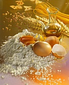 Zutatenstillben für Nudelteig (Mehl, Eier, Öl, etc.); Nudeln