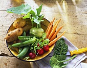 Potatoes, kohlrabi, pods, carrots, radishes in a bowl