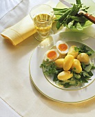 Boiled potatoes on mangetout and chervil ragout