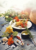 Grilled vegetables & vegetable kebab, décor: summer flowers