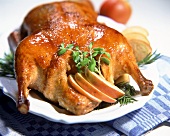 Stuffed duck with apple wedges