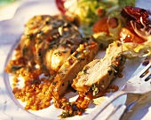 Chicken breast, carved, with herbs and red lentils