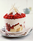 Raspberry trifle in a glass with white & grated chocolate