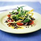 Dandelion leaf salad with cherry tomatoes and lentils