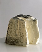 A goat's cheese in ash, with a section cut out (young Valencay)