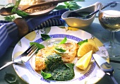 Fried cod with basil salsa verde