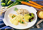 Sole fillet with rice, vegetables and herb & mustard sauce
