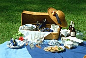 Picnic in the open air with basket & table cloth