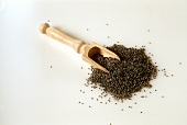 Poppy seeds on wooden scoop and in heap