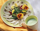Carpaccio di funghi e fiori (Mushroom salad with edible flowers)