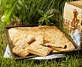 Crumble cake on baking sheet for picnic