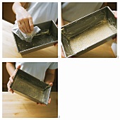 Greasing loaf tin with butter and breadcrumbs