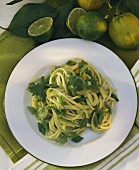 Spaghetti with avocado & lime sauce and coriander