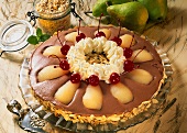 "Pear Helene" gateau with chocolate mousse & cherries