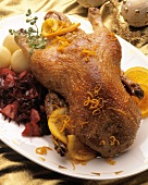 Duck a l'orange with apple 7 red cabbage and dumplings