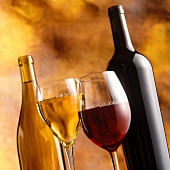 Still life with red and white wine in glasses and bottles