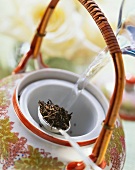 Making tea (putting tea leaves & water into Asian pot)