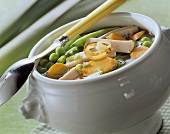 Vegetable soup with strips of turkey