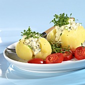 Jacket potatoes with spring onion quark and tomato slices