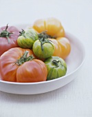 Rote, grüne und gelbe Tomaten in einer Schale