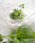 A bowl of herb quark with fresh herbs