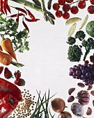 Vegetables, herbs & fruit around the edge of picture