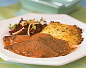 Roast beef with potato gratin and beetroot