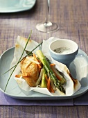Asparagus with chicken breast and chive dip