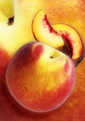 Artistically arranged still life with peaches