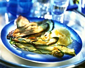 Fried courgette and aubergine slices with mashed potatoes