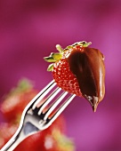A chocolate-coated strawberry on a fork