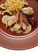 Venison with celery puree and home-made noodles (spaetzle)