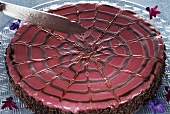 A rich sponge cake with raspberry icing and cobweb design
