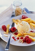 Potato noodles, vanilla ice cream & raspberries on almond sauce