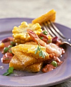 Polenta slice with shrimps and Mexican vegetable sauce