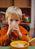 Small boy drinking milk, cornflakes in front of him