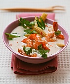 Shrimps with vegetables in coconut and vanilla stock