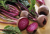 Red and white beetroot (Chiogga variety) with leaves