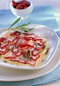 Sliced strawberry brulee with mascarpone and lemon mousse 