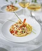 Spaghetti with vegetables and shrimps