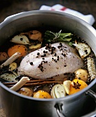 Boiling fowl in vegetable stock