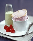 Raspberry souffle and pistachio mousse