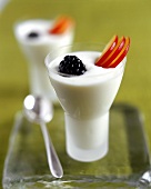 Yoghurt mousse in glasses with blackberries & nectarine slices